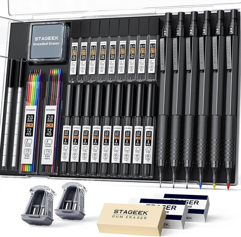 STAGEEK 35PCS Black Art Mechanical Pencil Set in Case，0.5 0.7 0.9 2.0 Graphite Metal Drawing Drafting Pencils, Sharpener Erasers 384PCS Lead Refills (6B 4B 2B HB 2H 4H Colors) for Writing Sketching - Image 1